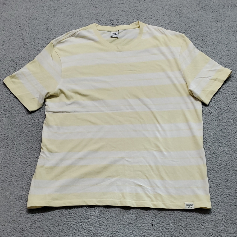 Zara Men’s Pale Yellow and White Striped Short-Sleeve Tee